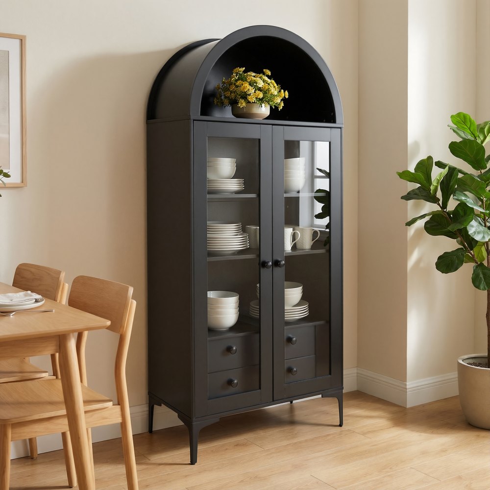 VEVOR gewölbte Vitrine mit Glastüren, Sammlervitrine Vitrinenschrank vierstöckig, Vitrine (179 cm hoch) mit 2 verstellbaren Regalen, Aufbewahrung für Schlafzimmer Wohnzimmer Büro