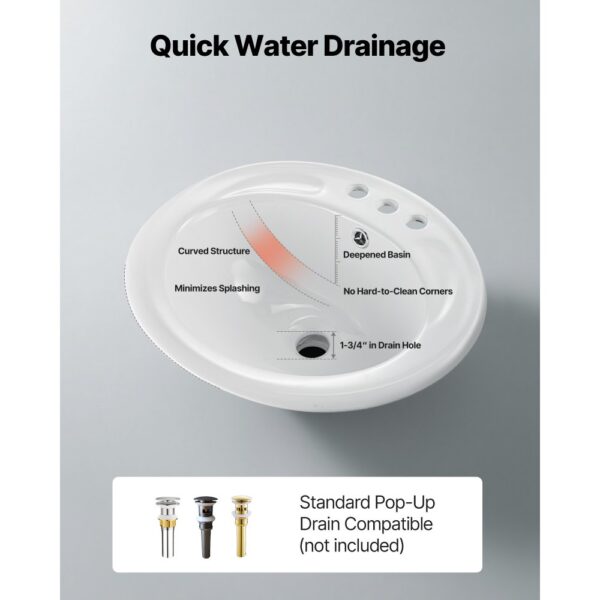 VEVOR Halbeinbauwaschbecken Handwaschbecken 485 x 425 mm ovales Aufsatzwaschbecken mit Überlauf & 3 Wasserhahnlöchern, modernes Einbauwaschbecken für kleine Räume Küchen Badezimmer Weiß – Bild 5 VEVOR Halbeinbauwaschbecken Handwaschbecken 485 x 425 mm ovales Aufsatzwaschbecken mit Überlauf & 3 Wasserhahnlöchern, modernes Einbauwaschbecken für kleine Räume Küchen Badezimmer Weiß – Bild 5