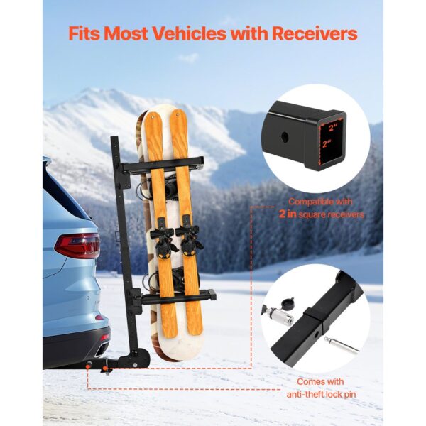 VEVOR Skiboard Snowboard Dachträger für bis zu 6 Paar Ski/4 Snowboards, abschließbarer Skidachträger mit Sicherheitsgurt & Kippzugang, verstellbarer Skihalter passend für die Anhängerkupplung – Bild 3