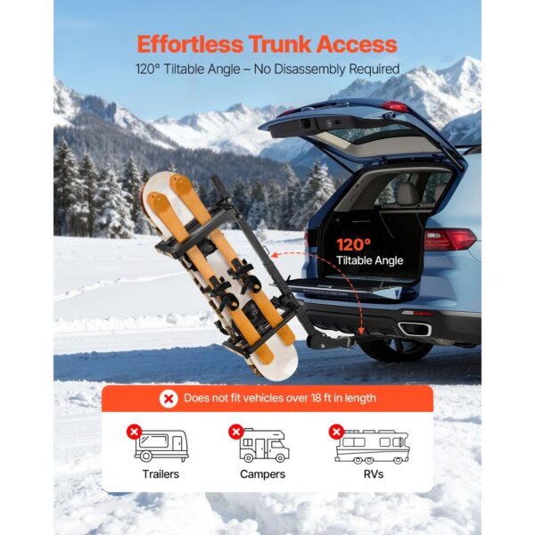 VEVOR Skiboard Snowboard Dachträger für bis zu 6 Paar Ski/4 Snowboards, abschließbarer Skidachträger mit Sicherheitsgurt & Kippzugang, verstellbarer Skihalter passend für die Anhängerkupplung – Bild 4