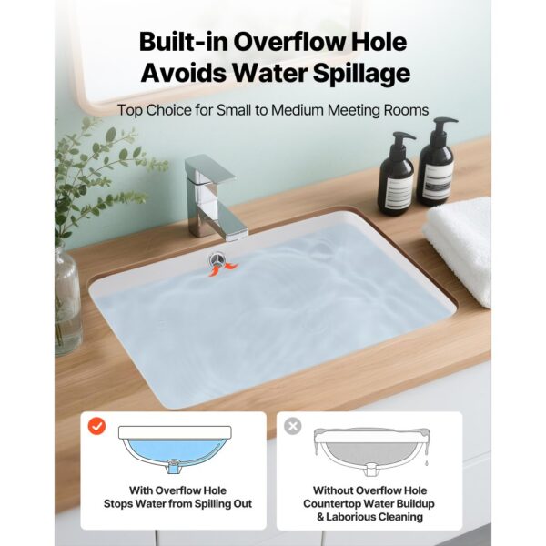 VEVOR Unterbauwaschbecken Handwaschbecken 515 x 385 mm rechteckiges Spülbecken aus Keramik mit Überlaufloch, moderne Unterbauspüle Küchenspüle für kleine Räume, Badezimmerwaschbecken Weiß – Bild 4