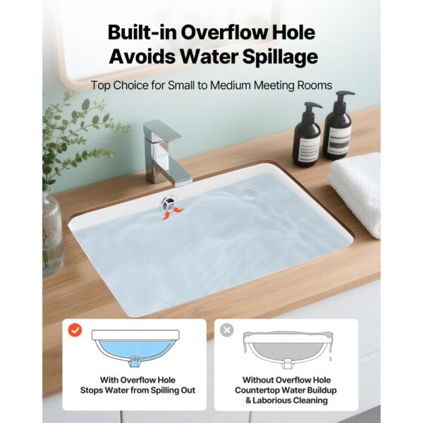 VEVOR Unterbauwaschbecken Handwaschbecken 400 x 305 mm rechteckiges Spülbecken aus Keramik mit Überlaufloch, moderne Unterbauspüle Küchenspüle für kleine Räume, Badezimmerwaschbecken Weiß – Bild 4