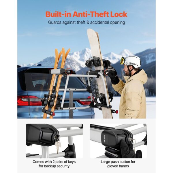 VEVOR Skiboard Snowboard Dachträger für bis zu 6 Paar Ski/4 Snowboards, abschließbarer Skidachträger mit Gummipolsterung & Sicherheitsgurt, Skihalter Träger Anhängerkupplungsträger – Bild 5