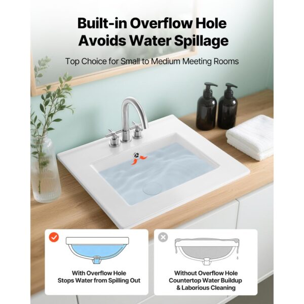 VEVOR Halbeinbauwaschbecken Handwaschbecken 510 x 465 mm rechteckiges Aufsatzwaschbecken mit Überlauf & 3 Wasserhahnlöchern, modernes Einbauwaschbecken für kleine Räume Küchen Badezimmer Weiß – Bild 4