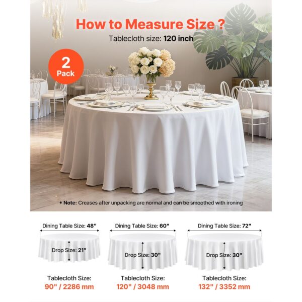 VEVOR 2 Stk. runde Tischdecken Tischwäsche 3048 mm, knitterfreier Tischdeckenschutz, maschinenwaschbares Tischtuch aus Polyestergewebe für Partys Hochzeiten Bankette formelle Veranstaltungen, Weiß – Bild 5 VEVOR 2 Stk. runde Tischdecken Tischwäsche 3048 mm, knitterfreier Tischdeckenschutz, maschinenwaschbares Tischtuch aus Polyestergewebe für Partys Hochzeiten Bankette formelle Veranstaltungen, Weiß – Bild 5