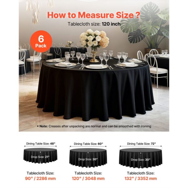 VEVOR 6 x runde Tischdecken Tischwäsche 3048 mm, knitterfreier Tischdeckenschutz, maschinenwaschbares Tischtuch aus Polyestergewebe für Partys Hochzeiten Bankette formelle Veranstaltungen, Schwarz – Bild 5