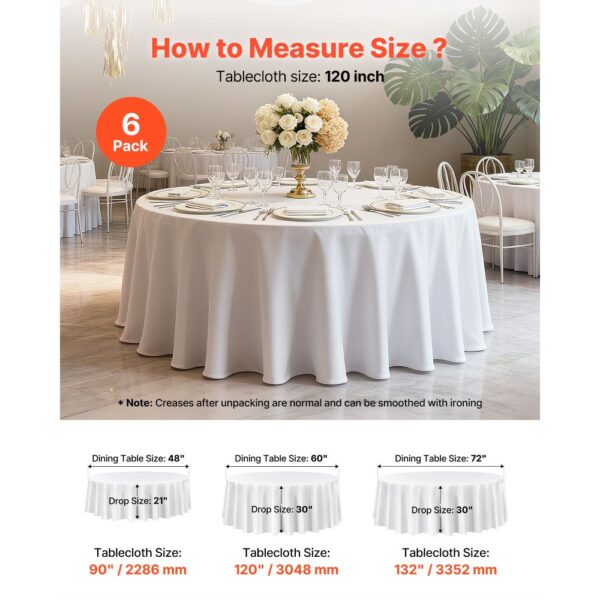 VEVOR 6 Stk. runde Tischdecken Tischwäsche 3048 mm, knitterfreier Tischdeckenschutz, maschinenwaschbares Tischtuch aus Polyestergewebe für Partys Hochzeiten Bankette formelle Veranstaltungen, Weiß – Bild 5