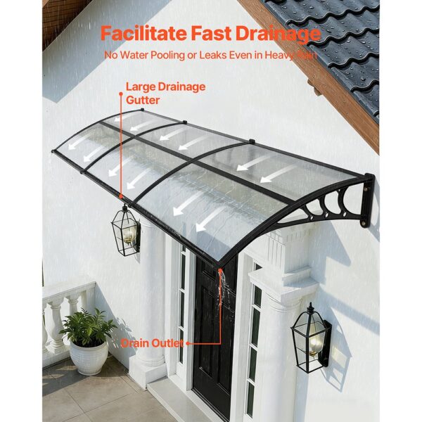 VEVOR Vordach für Haustür 965x2975 mm, Pultbogenvordach, Pultvordach mit Entwässerung & ABS-Halterung, Regen-, Schnee- & Sonnenschutz, Polycarbonat-Überdachung für Veranda & Terrasse, Transparent – Bild 2