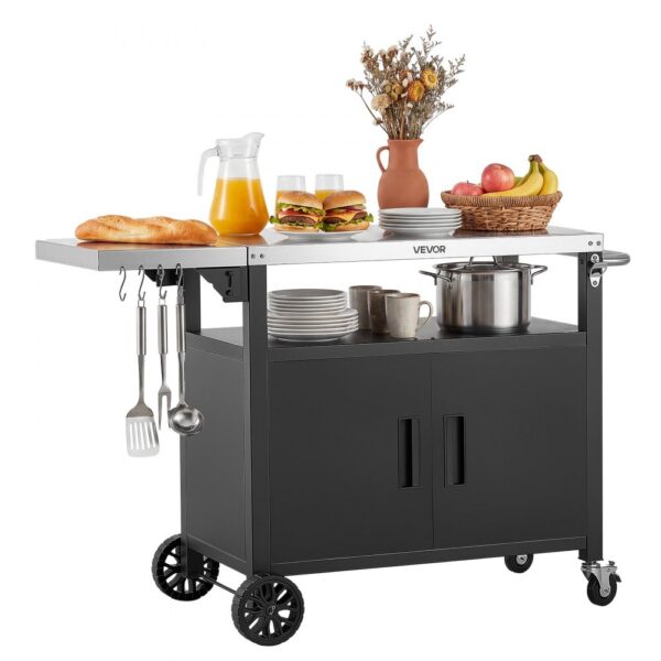 VEVOR Outdoor-Grillwagen mit Aufbewahrungsschrank, 124 cm Grilltisch mit Edelstahlplatte, Haken, Rollen und Flaschenöffner, Küchenwagen & Servierwagen für Terrasse, Garten, Bar und BBQ-Bereich