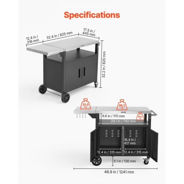 VEVOR Outdoor-Grillwagen mit Aufbewahrungsschrank, 124 cm Grilltisch mit Edelstahlplatte, Haken, Rollen und Flaschenöffner, Küchenwagen & Servierwagen für Terrasse, Garten, Bar und BBQ-Bereich – Bild 2