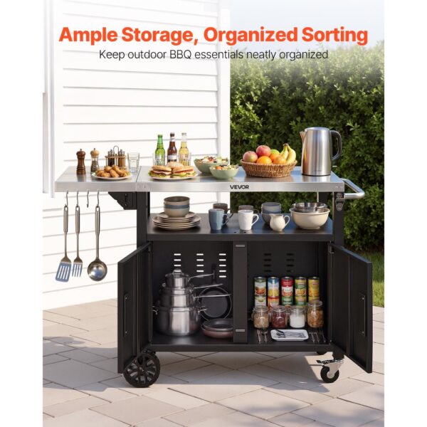 VEVOR Outdoor-Grillwagen mit Aufbewahrungsschrank, 124 cm Grilltisch mit Edelstahlplatte, Haken, Rollen und Flaschenöffner, Küchenwagen & Servierwagen für Terrasse, Garten, Bar und BBQ-Bereich – Bild 3