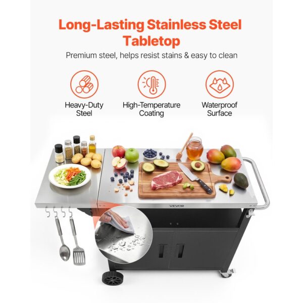 VEVOR Outdoor-Grillwagen mit Aufbewahrungsschrank, 124 cm Grilltisch mit Edelstahlplatte, Haken, Rollen und Flaschenöffner, Küchenwagen & Servierwagen für Terrasse, Garten, Bar und BBQ-Bereich – Bild 4