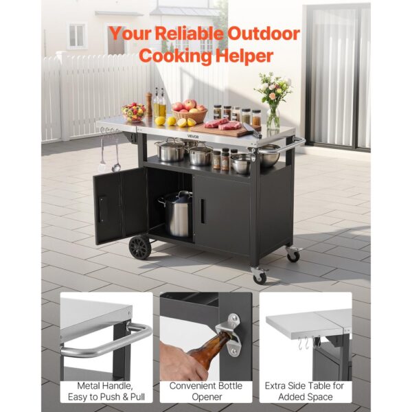 VEVOR Outdoor-Grillwagen mit Aufbewahrungsschrank, 124 cm Grilltisch mit Edelstahlplatte, Haken, Rollen und Flaschenöffner, Küchenwagen & Servierwagen für Terrasse, Garten, Bar und BBQ-Bereich – Bild 5