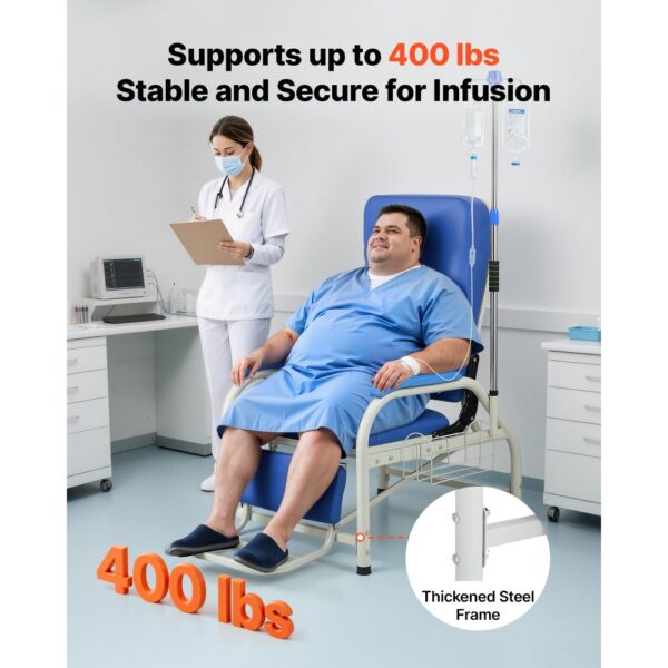 VEVOR Medizinischer Stuhl mit IV-Infusionsständer Infusionsstuhl 181kg, Stahlkonstruktion, 90-160° Verstellbar, Mit Gepolstertem Sitz Fußstütze & Aufbewahrungskorb, Für Krankenhäuser Pflegeheime – Bild 2