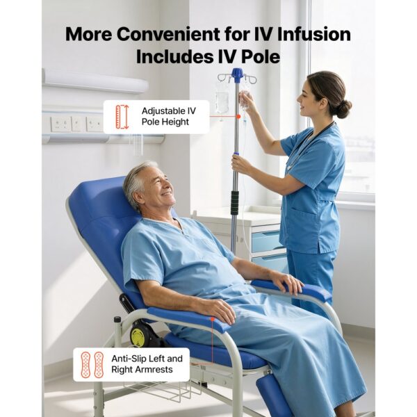 VEVOR Medizinischer Stuhl mit IV-Infusionsständer Infusionsstuhl 181kg, Stahlkonstruktion, 90-160° Verstellbar, Mit Gepolstertem Sitz Fußstütze & Aufbewahrungskorb, Für Krankenhäuser Pflegeheime – Bild 5