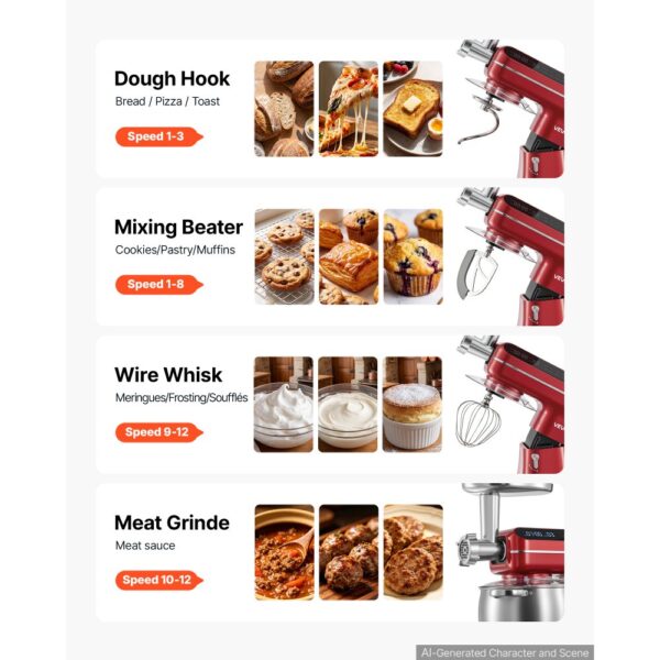 VEVOR Multifunktionale Küchenmaschine mit Kippkopf 7 L 2 in 1 1000 W Rot, Rührmaschine für Teig Sahne Rührteig und Fleisch, Knetmaschine mit Rührschüssel Knethaken Rührbesen und Schneebesen – Bild 4 VEVOR Multifunktionale Küchenmaschine mit Kippkopf 7 L 2 in 1 1000 W Rot, Rührmaschine für Teig Sahne Rührteig und Fleisch, Knetmaschine mit Rührschüssel Knethaken Rührbesen und Schneebesen – Bild 4