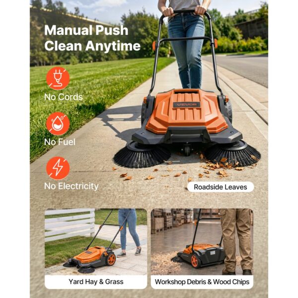 VEVOR Kehrmaschine Manuell, Handkehrmaschine mit 650 mm Arbeitsbreite, 18,9-L-Kehrbehälter & Verstellbarem Klappgriff, Bodenreinigungsmaschine für Höfe, Gehwege, Terrassen & Garagen – Orange – Bild 3