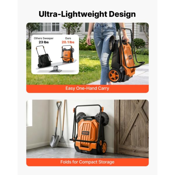 VEVOR Kehrmaschine Manuell, Handkehrmaschine mit 650 mm Arbeitsbreite, 18,9-L-Kehrbehälter & Verstellbarem Klappgriff, Bodenreinigungsmaschine für Höfe, Gehwege, Terrassen & Garagen – Orange – Bild 5