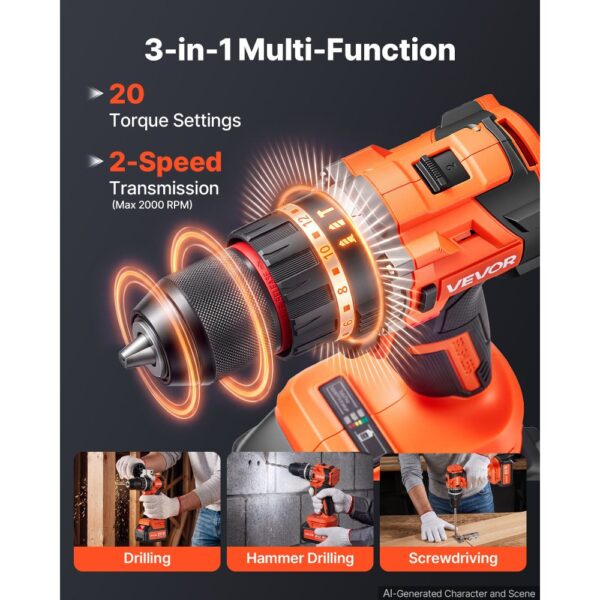 VEVOR Akku-Schlagbohrschrauber 20V 12,7 mm 26000 IPM 500 U/min/2.000 U/min, zum Bohren in Holz & Metall sowie zum Schrauben, 4000-mAh-Lithium-Ionen-Akku & Ladegerät, mit Ganzmetall-Bohrfutter, 90 Nm – Bild 4