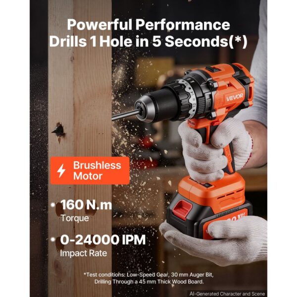 VEVOR Akku-Schlagbohrschrauber 20 V 12,7 mm 24000 IPM 550 U/min/2.200 U/min, zum Bohren in Holz & Metall sowie zum Schrauben, 4000-mAh-Lithium-Ionen-Akku & Ladegerät, mit Ganzmetall-Bohrfutter, 160 Nm – Bild 2