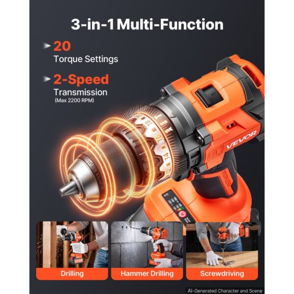 VEVOR Akku-Schlagbohrschrauber 20 V 12,7 mm 24000 IPM 550 U/min/2.200 U/min, zum Bohren in Holz & Metall sowie zum Schrauben, 4000-mAh-Lithium-Ionen-Akku & Ladegerät, mit Ganzmetall-Bohrfutter, 160 Nm – Bild 4
