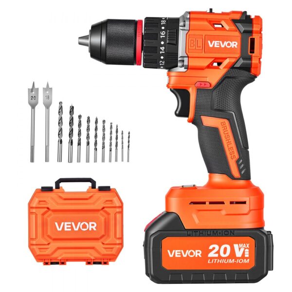 VEVOR Akku-Schlagbohrschrauber 20V 12,7mm 30.000IPM 500U/min/2.000 U/min, zum Bohren in Holz & Metall sowie zum Schrauben, 4000-mAh-Lithium-Ionen-Akku & Ladegerät, mit Ganzmetall-Bohrfutter, 65 Nm