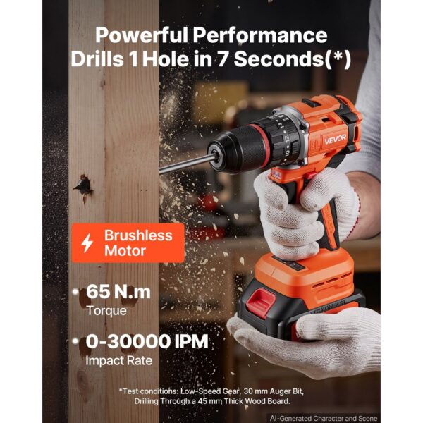 VEVOR Akku-Schlagbohrschrauber 20V 12,7mm 30.000IPM 500U/min/2.000 U/min, zum Bohren in Holz & Metall sowie zum Schrauben, 4000-mAh-Lithium-Ionen-Akku & Ladegerät, mit Ganzmetall-Bohrfutter, 65 Nm – Bild 2