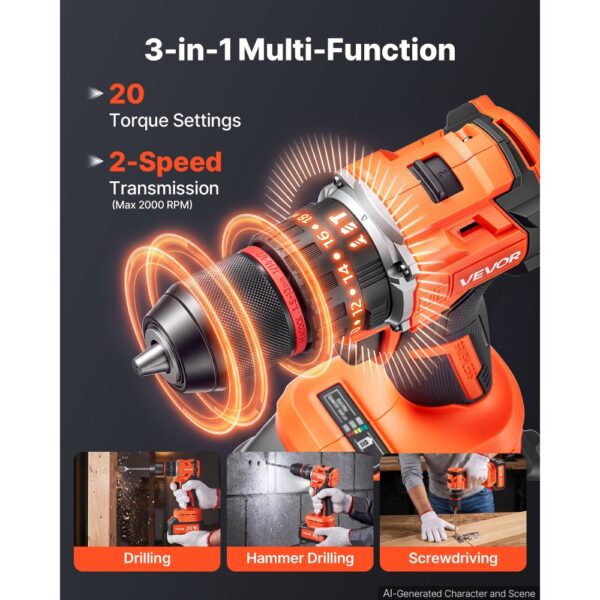 VEVOR Akku-Schlagbohrschrauber 20V 12,7mm 30.000IPM 500U/min/2.000 U/min, zum Bohren in Holz & Metall sowie zum Schrauben, 4000-mAh-Lithium-Ionen-Akku & Ladegerät, mit Ganzmetall-Bohrfutter, 65 Nm – Bild 4