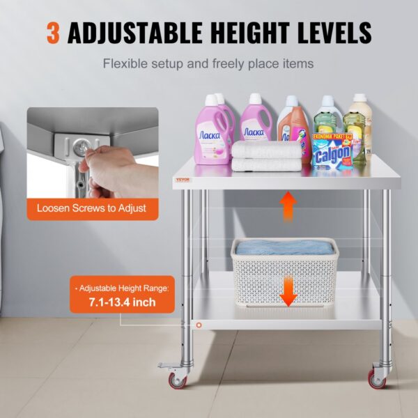 VEVOR Arbeitstisch 91 x 76 x 82 cm Edelstahl Catering Arbeitstisch etwa 160 kg für Belastbarkeit Lebensmittel Zubereitungstisch Gewerbliche Arbeitstisch für Küche Bar Restaurantar 4 verstellbare Füße – Bild 5