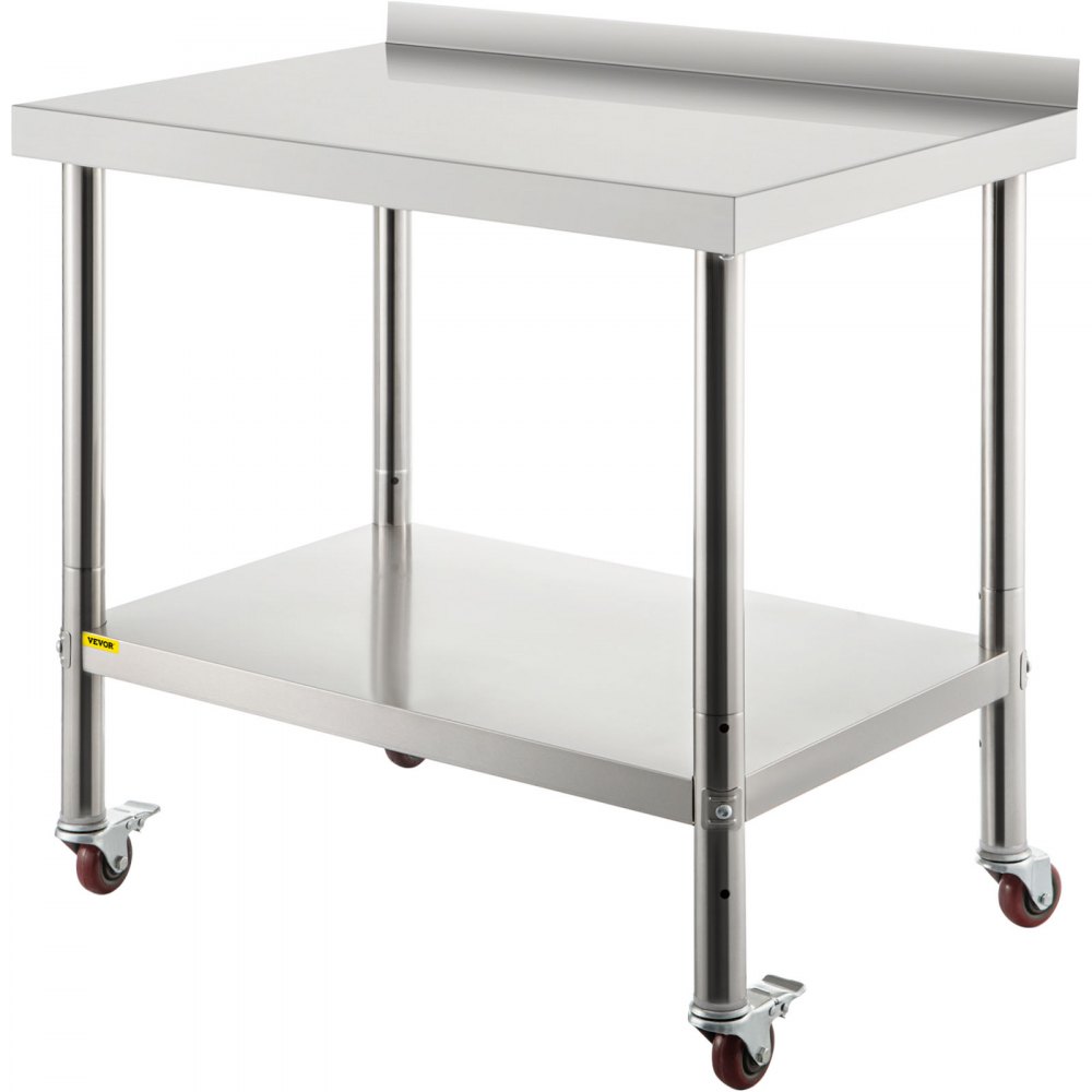 VEVOR Edelstahl-Vorbereitungstisch, 76,2 x 61 x 89 cm, 200 kg Tragkraft, Robuster Metallarbeitstisch mit Verstellbarer Rückwand & 4 Rollen, Gewerblicher Arbeitsplatz für Küchenrestaurants