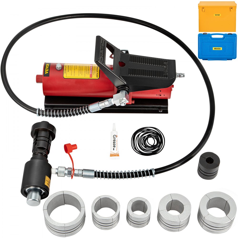 VEVOR Hydraulischer Auspuffrohr-Expander, Größe 4,13 bis 10,8 cm, 10-T-Pedalpumpe im Lieferumfang enthalten, mit 4 Matrizen, 2 Aufbewahrungskoffern für Kupfer-Aluminium-Rohre bei der Autoreparatur