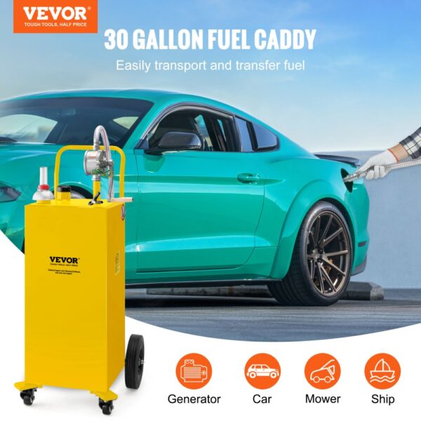 VEVOR 30-Gallonen-Kraftstoffbehälter, Gasspeichertank und 4 Räder, mit manueller Transferpumpe, Benzin-Diesel-Kraftstoffbehälter für Autos, Rasenmäher, Geländefahrzeuge, Boote usw., Gelb – Bild 2