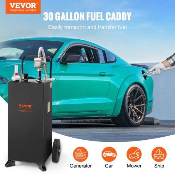VEVOR 30 Gallonen Gas-Caddy, Kraftstoffspeichertank mit Rädern, tragbarer Kraftstoff-Caddy mit manueller Transferpumpe, Benzin-Diesel-Kraftstoffbehälter für Autos, Rasenmäher, Geländefahrzeuge, Boote – Bild 2