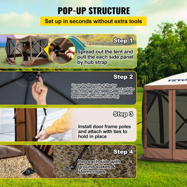 VEVOR Faltpavillon, 3,05 x 3,05 m, 6-seitiges Pop-up-Camping-Überdachungszelt mit Netzfenstern, tragbarer Tragetasche, Erdspießen, große gartenpavillon für Outdoor-Camping, Rasen und Hinterhof – Bild 4