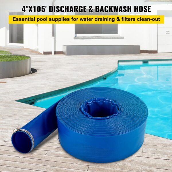 VEVOR Abflussschlauch, 101,6 mm x 32 m, PVC-Flachschlauch, robuster Rückspül-Ablaufschlauch mit Klemmen, wetterfest und platzsicher, ideal für Schwimmbad und Wassertransfer, blau – Bild 2