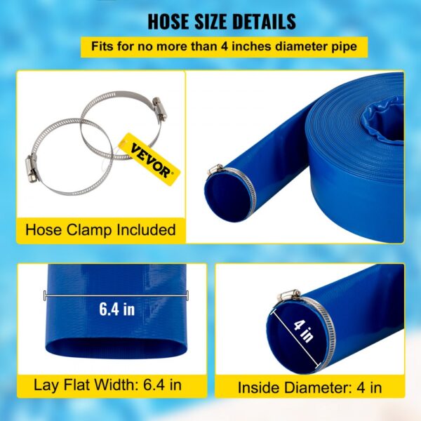 VEVOR Abflussschlauch, 101,6 mm x 32 m, PVC-Flachschlauch, robuster Rückspül-Ablaufschlauch mit Klemmen, wetterfest und platzsicher, ideal für Schwimmbad und Wassertransfer, blau – Bild 4