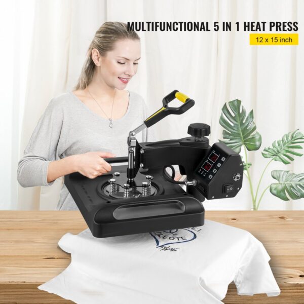 VEVOR Transferpresse 5 in 1 T-Shirt Druckmaschine 29 x 38 cm Transferpresse 1000W Textilpresse Druckmaschine mit 1,5 m Kabellänge für Übertragung von Mustern auf T-Shirts Kappen, Becher Schwarz – Bild 2