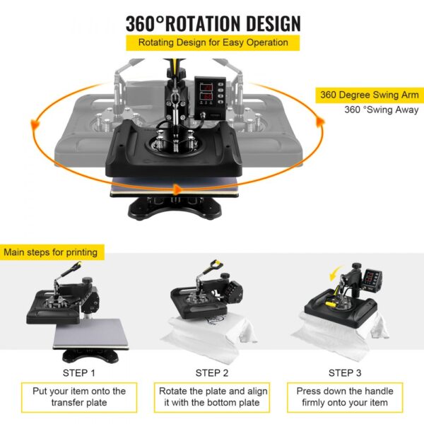 VEVOR Transferpresse 5 in 1 T-Shirt Druckmaschine 29 x 38 cm Transferpresse 1000W Textilpresse Druckmaschine mit 1,5 m Kabellänge für Übertragung von Mustern auf T-Shirts Kappen, Becher Schwarz – Bild 5