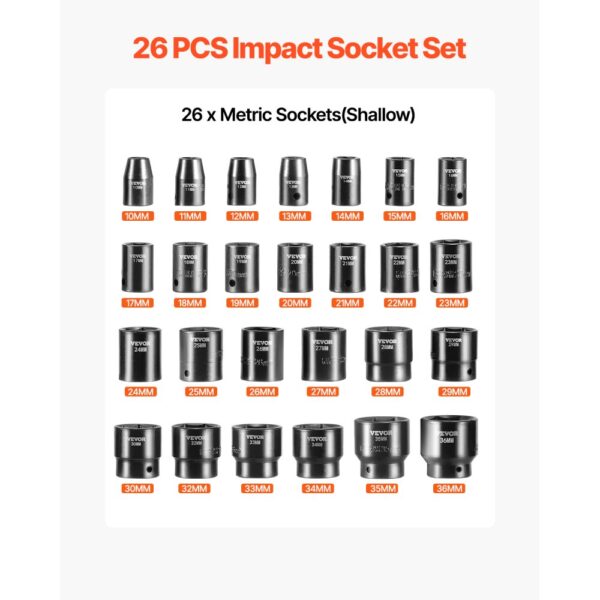 VEVOR Schlag-Steckschlüsselsatz 1/2 Zoll, 26-teilig, Schlag-Steckschlüssel, flache Stecknüsse, 6-Kant-Steckschlüssel, CR-V, 1/2 Zoll Antriebs-Steckschlüsselsatz Schlag metrisch 10-36 mm – Bild 3