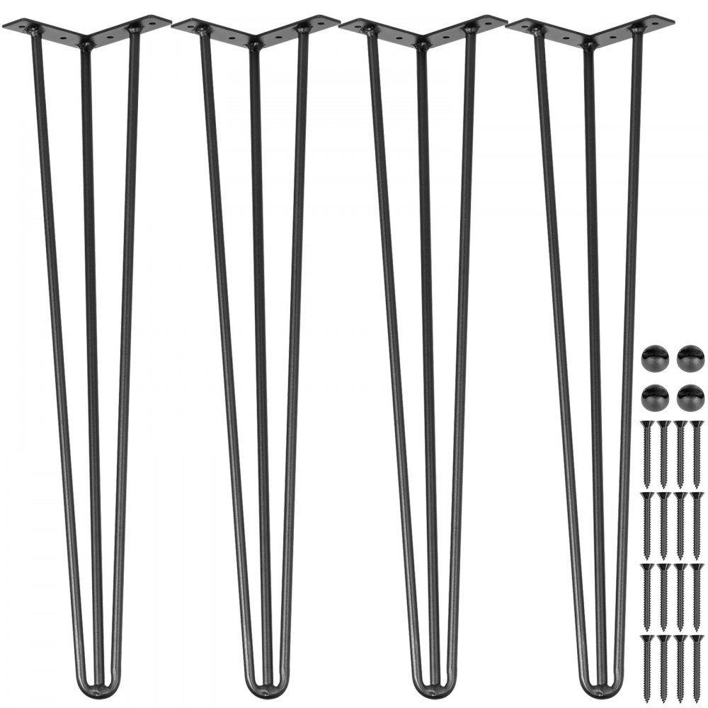 VEVOR 18 Zoll 45,7 cm Haarnadel Tischbein Hairpin Leg Kohlenstoffstahl, Tischbeine Metall Schwarz 4 Stücke, Möbelfüße Verstellbar Austauschbare DIY, Hairpin Tischbeine 3 Pfosten, mit 4 Gummibodenfüße