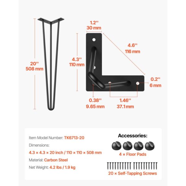 VEVOR Tischbein Metall Tischfüße verstellbar 50,8 cm austauschbare Diy Haarnadel Tischbeine 3 Pfosten Tischgestell Metall Schwarz 4 Stück – Bild 2 VEVOR Tischbein Metall Tischfüße verstellbar 50,8 cm austauschbare Diy Haarnadel Tischbeine 3 Pfosten Tischgestell Metall Schwarz 4 Stück – Bild 2