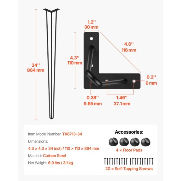 VEVOR Tischbein Metall 86,3 cm Tischgestell Metall Schwarz 4 Stück Haarnadel Tischbeine 3 Pfosten Haarnadel Bein Kohlenstoffstahl mit 4 – Bild 2