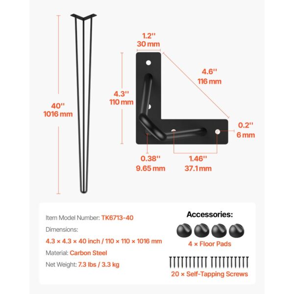 VEVOR Tischbein Tischbeine Metall Schwarz 101,6 cm 4 Stück Haarnadel Tischbeine 3 Pfosten Tischfüße Verstellbar Austauschbare Diy – Bild 2