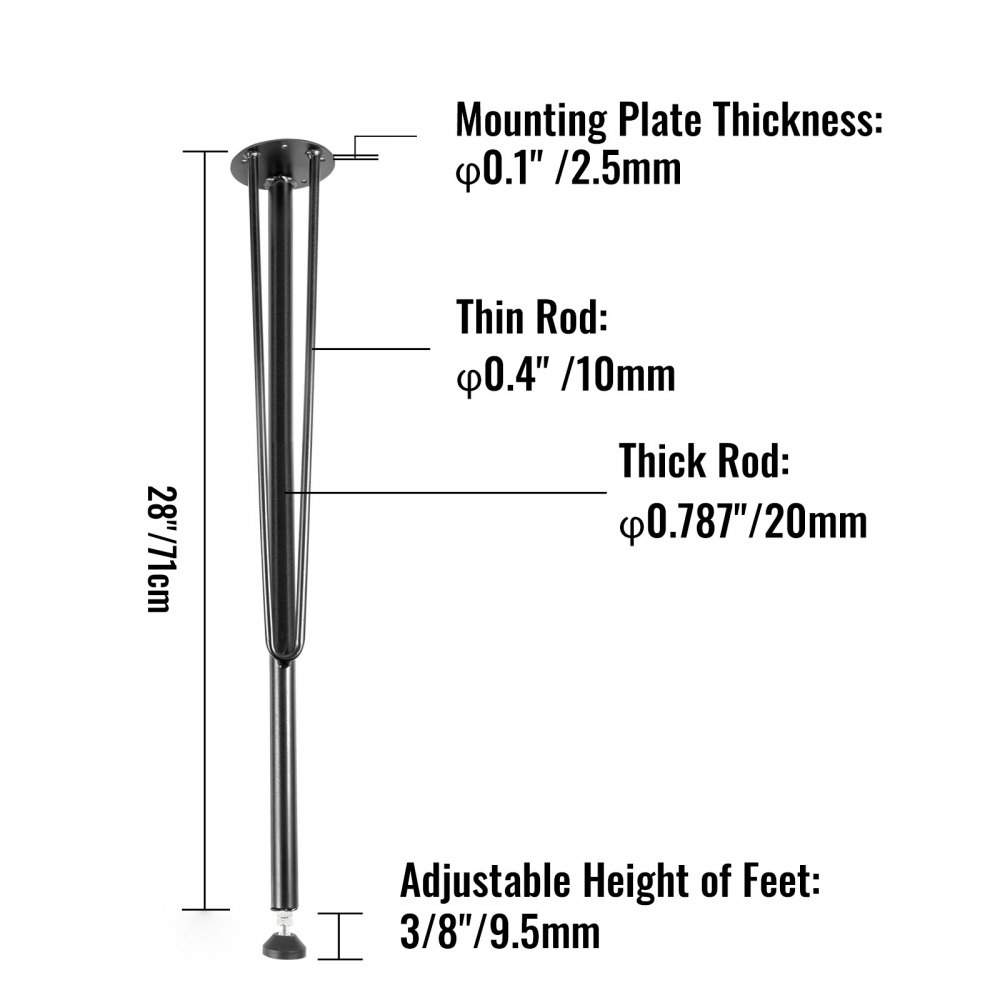 VEVOR Haarnadel-Tischbeine aus Metall, 71 cm, Schreibtischbeine, 4er-Set, robuste Bankbeine, 3-Stangen-Möbelbeine, Schmiedeeisen-Couchtischbeine, Möbelbeine für Esstische, mit Gummi-Bodenschonern