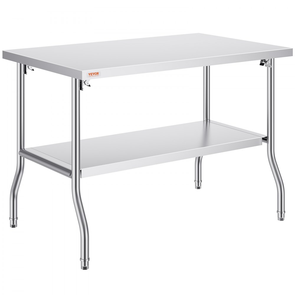 VEVOR Kommerzieller Arbeitstisch, 1220 x 762 mm, Klappbarer Kommerzieller Vorbereitungstisch, Doppelregal-Klapptisch aus Edelstahl, Küchenarbeitstisch mit 350 kg Traglast, Silberfarbene Kücheninsel