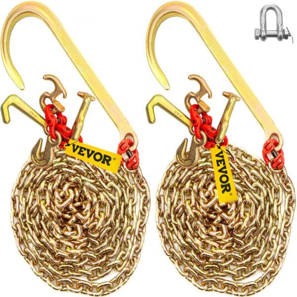 VEVOR J-Hakenkette, 38 x 15 cm Zaumzeug-Abschleppkette, G80 Zaumzeug-Transportkette, Kette aus legiertem Stahl mit 2 G70 J-Haken, 4200 kg Abschlepphaken für LKWs, J-Haken-Abschleppgurte 2 Stück