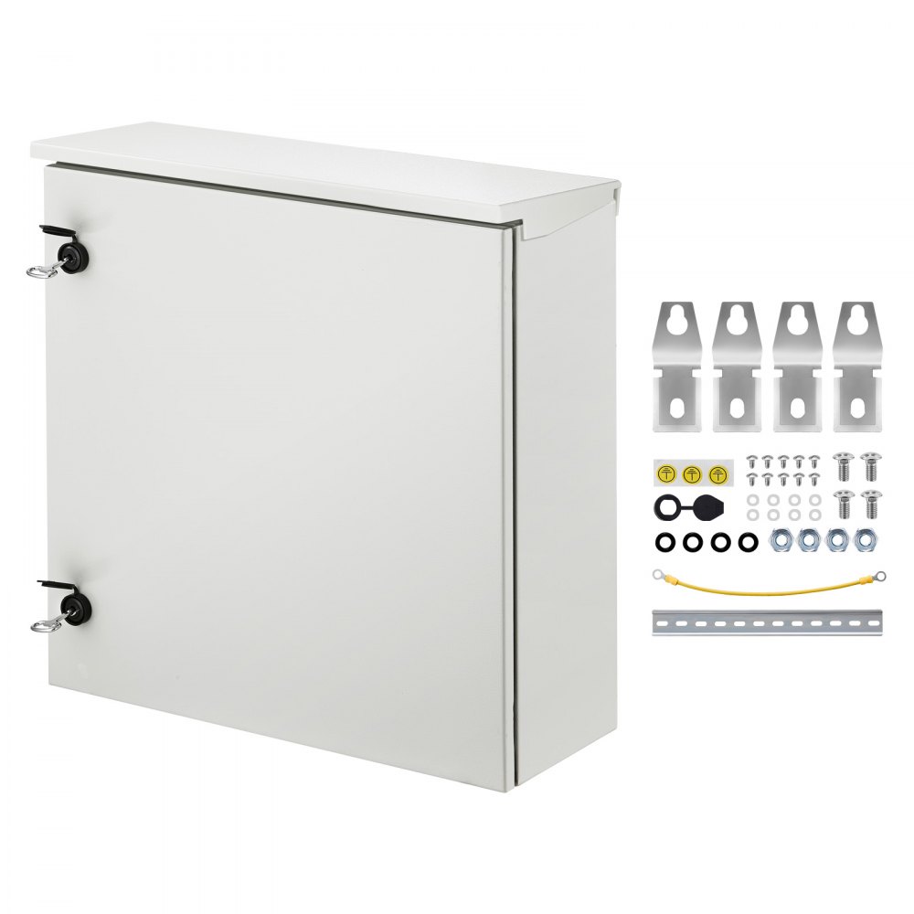 VEVOR Schaltschrank Elektrogehäuse, 600x600x200 mm, NEMA 4 Außengehäuse, IP66 wasser- & staubdicht, Kohlenstoffstahl, Klappanschlussdose für Innen- & Außenbereich, mit Regenschutzhaube