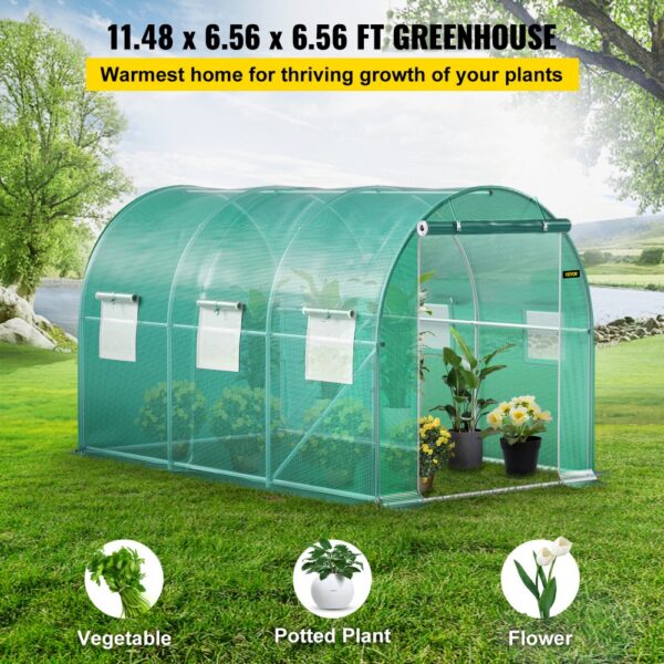 VEVOR Foliengewächshaus 3,5x2x2 m Bogendach Gewächshaus Verzinkter Stahlrahmen und PE Abdeckung Frühbeet Treibhaus 6 Netzfenster Grün Mobiler Folientunnel Ideal für Anbau von Gemüse Blumen – Bild 2