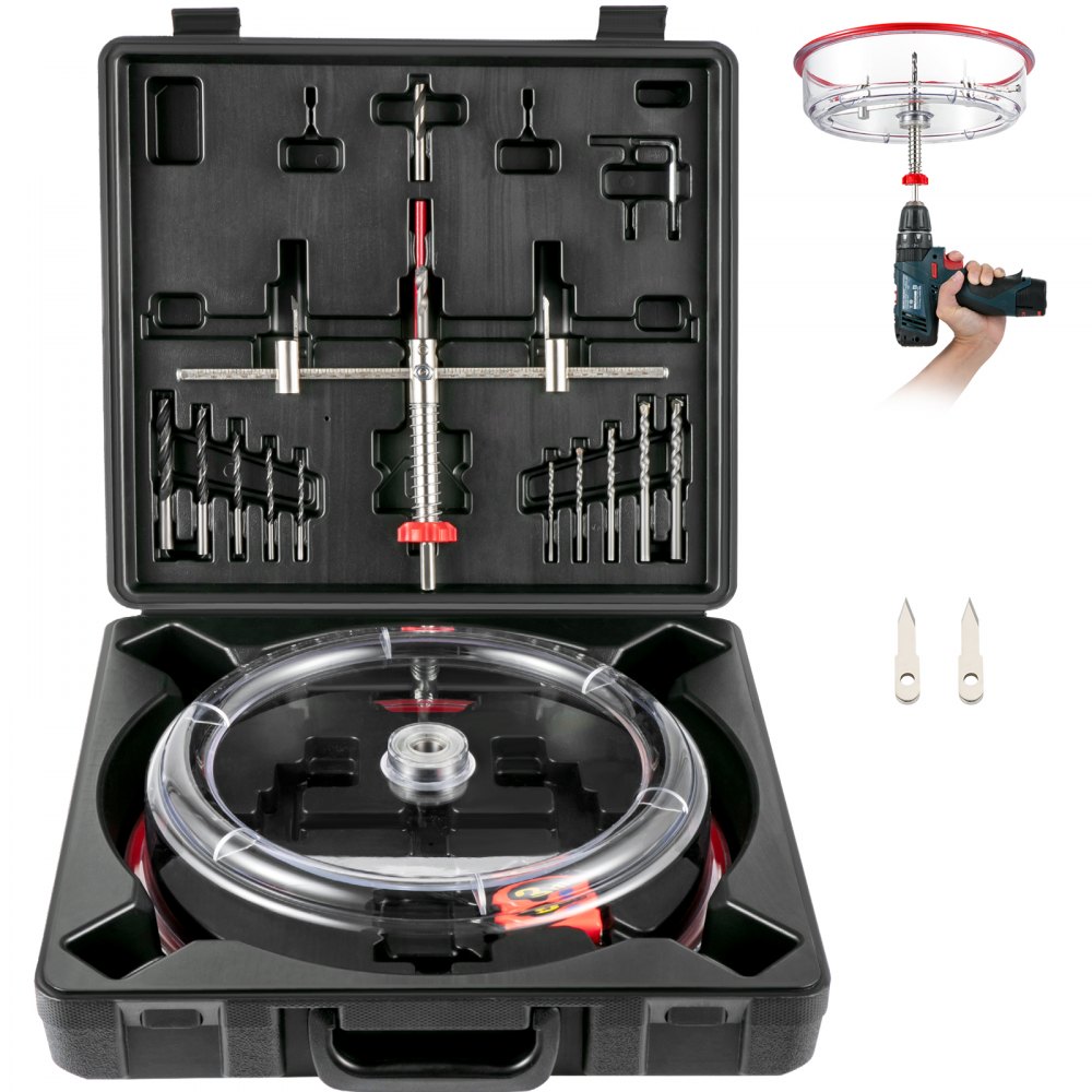 VEVOR Einstellbares Lochsägen-Set, 1-5/8 Zoll bis 11-13/16 Zoll (40-300mm), Einbau-Lochsäge mit PC-Staubschutz, Zwei austauschbare Zentrierbohrer, für Einbauleuchten, Deckenlautsprecher, V. Entlöcher
