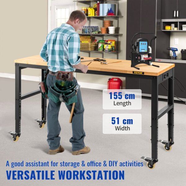 VEVOR Werkbank, höhenverstellbar, 154,9 x 50,8 cm, Garagentisch mit 79,5 cm – 104,9 cm Höhe und 725,7 kg Kapazität, Steckdosen und Hartholzplatte und Metallrahmen und Lenkrollen, für Werkstatt Büro Zu – Bild 2